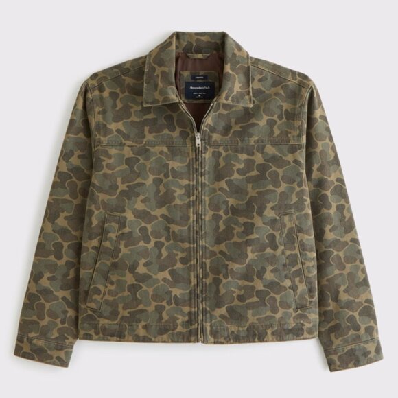 Abercrombie & Fitch Olive Camo Lightweight Cropped Zip Workwear Jacket, Large - Picture 1 of 8